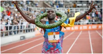 Felix Kirwa of Kenya reacts as he crosses the finish line to win the Stockholm Marathon at Olympic Stadium, in Stockholm, Sweden. Photo by Johan Jeppson.