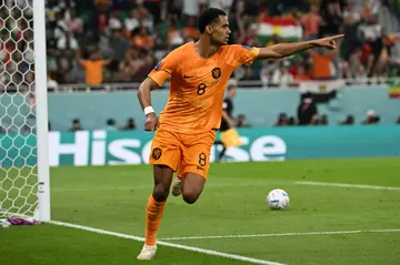 Cody Gakpo celebrates after putting the Netherlands ahead against Senegal