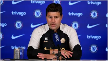 Mauricio Pochettino speaks during a press conference at Chelsea Training Ground. Photo by Darren Walsh.