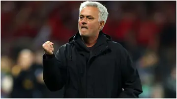 Jose Mourinho celebrates after the UEFA Europa League semi-final second leg match between Bayer 04 Leverkusen and AS Roma at BayArena. Photo by Lars Baron.