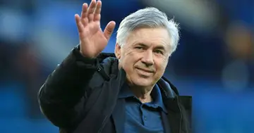 Carlo Ancelotti waves during Everton's EPL vs Wolves at Goodison Park. Photo by Simon Stacpoole.