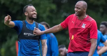 Jordan Ayew and manager Patrick Vieira at Palace. SOURCE: Twitter/ @CPFC