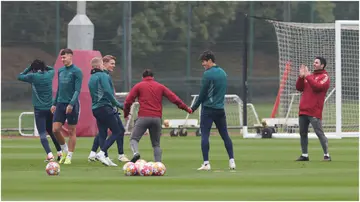 Mikel Arteta reacts during a training session on the eve of the UEFA Champions League round of 16 second leg football match against FC Porto. Photo by Adrian Dennis.