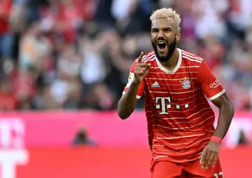 Eric Maxim Choupo-Moting celebrates scoring for Bayern Munich against Mainz.