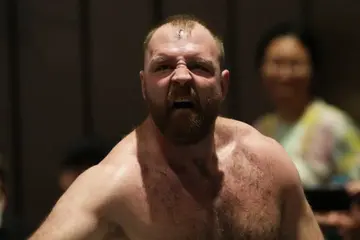 Jon Moxley reacts during the New Japan Pro-Wrestling - STRONG at Korakuen Hall on July 04, 2023, in Tokyo, Japan