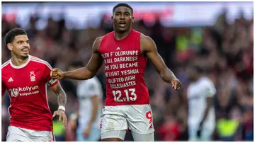 Taiwo Awoniyi celebrates putting Forest in front during the Premier League match against West Ham United. Photo: Ritchie Sumpter.