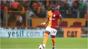 Wilfried Zaha of Galatasaray with the ball during the UEFA Champions League third qualifying round second-leg match against Olimpija Ljubljana on August 15, 2023. Photo by Ahmad Mora.