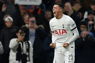 Tottenham defender Pedro Porro celebrates after scoring against Burnley