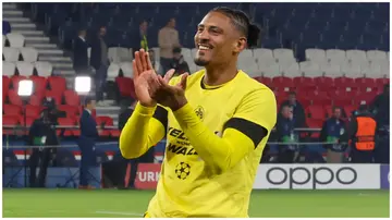 Sebastien Haller cheers after the UEFA Champions League semi-final second leg match between Paris Saint-Germain and Borussia Dortmund at Parc des Princes on Tuesday, May 7. Photo: Marco Steinbrenner.
