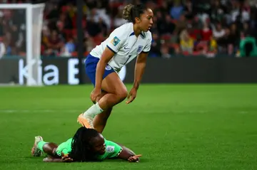 England's Lauren James received a red card for this stamp on the back of Nigeria's Michelle Alozie