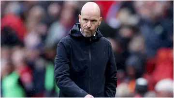 Erik ten Hag looks dejected during the Premier League match between Manchester United and Crystal Palace at Old Trafford. Photo by Alex Livesey.