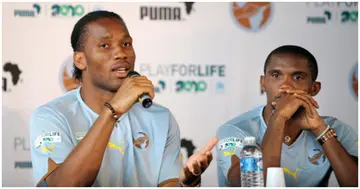 Ivorian football legend Didier Drogba and Cameroonian Samuel Eto'o take part in a press conference during the Africa Unity Experience at Michel Hidalgo stadium. Photo: BERTRAND LANGLOIS.