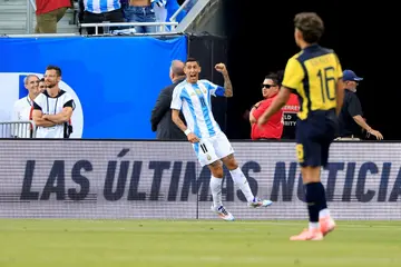 Angel Di Maria celebrates his goal in Argentina's win over Ecuador in Chicago on Sunday