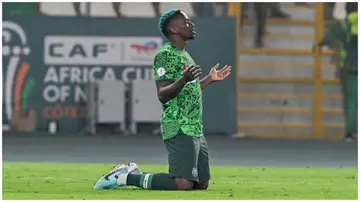 Kenneth Omeruo celebrates the victory at the end of the Africa Cup of Nations 2023 semi-final football match between Nigeria and South Africa. Photo: ISSOUF SANOGO.