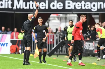 Red wave: Rennes goalkeeper Romain Salin receives a red card for arguing from the touchline