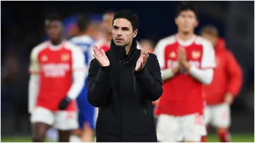 Mikel Arteta applauds the fans following the Premier League match between Chelsea FC and Arsenal FC at Stamford Bridge. Photo by Stuart MacFarlane.