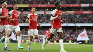 Eddie Nketiah celebrates after scoring during the Premier League match between Arsenal FC and Sheffield United at Emirates Stadium. Photo by Stuart MacFarlane.