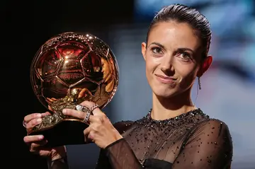 Barcelona and Spain star Aitana Bonmati with the trophy after winning the 2023 Women's Ballon d'Or