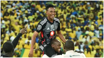Orlando Pirates players celebrate with Relebohile Mofokeng after he scored the winning goal vs Mamelodi Sundowns in the Nedbank Cup final at the Mbombela Stadium on June 1, 2024. Photo: KickOff Online.