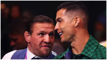 Conor McGregor and Cristiano Ronaldo interact during the Day of Reckoning: Fight Night at Kingdom Arena on December 23, 2023, in Riyadh, Saudi Arabia. Photo: Richard Pelham.