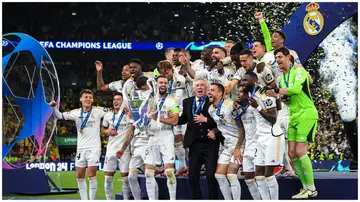 Real Madrid lifted the UEFA Champions League trophy after the final match against Borussia Dortmund at Wembley Stadium on June 1, 2024. Photo: Marc Atkins.