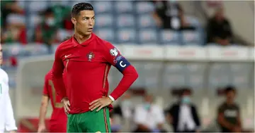Cristiano Ronaldo looks on during the FIFA World Cup 2022 European qualifying round group A football match between Portugal and Republic of Ireland, at the Algarve stadium in Faro. (Photo by Pedro Fiúza/NurPhoto via Getty Images)