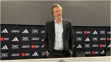 Sir Jim Ratcliffe speaks to the media during a press conference before a Premier League match at Old Trafford. Photo by Simon Peach.