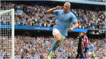 Erling Haaland celebrates his hat trick during the Premier League match between Manchester City and Crystal Palace at Etihad Stadium. Photo by Shaun Botterill.