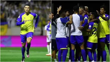 Cristiano Ronaldo celebrating with Al-Nassr teammates as he captains them in the Saudi Pro League.