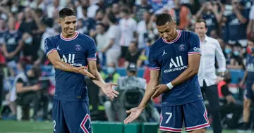Kylian Mbappe and Achraf Hakimi celebrating a goal at PSG. SOURCE: Twitter/ @lnstantFoot