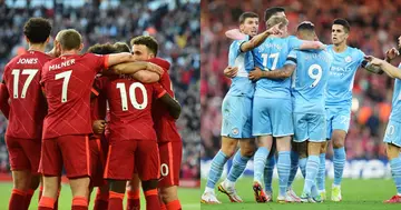 Liverpool and Man City players celebrating during their EPL meeting at Anfield. Photos by Matt McNulty and John Powell.
