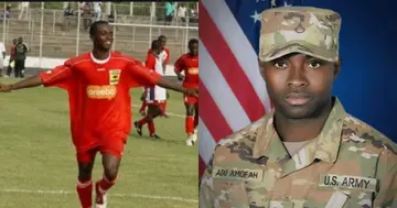 Mark Adu Amofa playing for Kotoko and in the US Army. SOURCE: Twitter/ @ghanasoccernet Instagram/ @kotokonews
