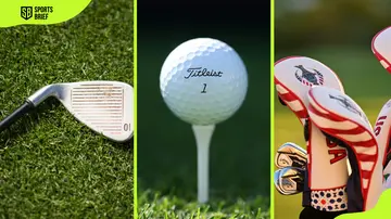 From left: A golf club on grass, Titleist Pro V1 golf ball on a tee, and head covers of team USA.
