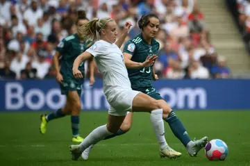 England striker Beth Mead (C) in action against Germany in the women's Euro 2022 final. She has already been ruled out of the women's World Cup due to a knee injury