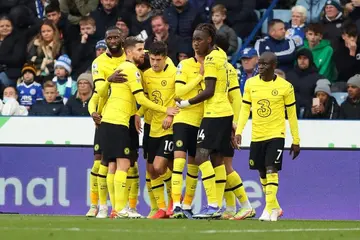 Pulisic and his Chelsea teammates celebrate his goal against Leicester City.