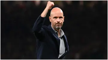 Erik ten Hag celebrates after victory in the Premier League match between Manchester United and Liverpool FC at Old Trafford. Photo by Michael Regan.