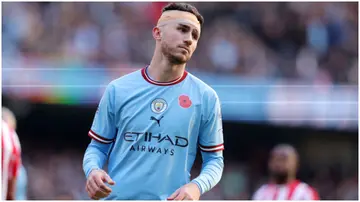 Aymeric Laporte looks on during the Premier League match between Manchester City and Brentford FC at Etihad Stadium. Photo by Alex Livesey.