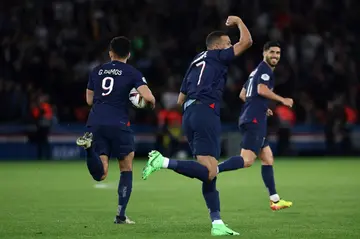 Goncalo Ramos (L) celebrates with Kylian Mbappe after equalising for PSG against Clermont