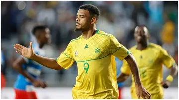 Bafana Bafana's Lyle Foster celebrates scoring the only goal of the game against DR Congo on September 12 at the Orlando Stadium in Soweto, South Africa.