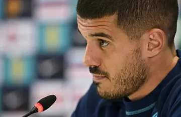 Defender Conor Coady speaks during a press conference at England's World Cup training base