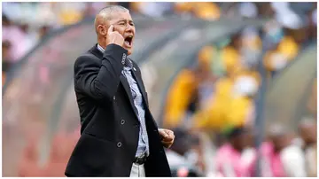 Cavin Johnson shouts instructions to his players from the touchline during the Premier Soccer League match between Kaizer Chiefs and Orlando Pirates. Photo: Phill Magakoe.