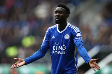 Wilfred Ndidi reacts during the EFL Championship match between Leicester City and Norwich City at The King Power Stadium on April 1, 2024. Photo: Copa.
