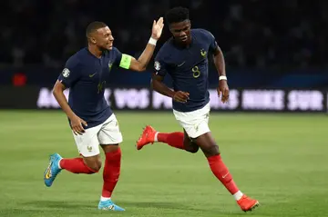 Aurelien Tchouameni celebrates with Kylian Mbappe after putting France ahead against Ireland