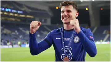 Mason Mount celebrates winning the Champions League following the UEFA Champions League final between Manchester City and Chelsea FC at Estadio do Dragao. Photo by Carl Recine.