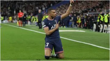 Kylian Mbappe celebrates after scoring during the UEFA Champions League match between Real Madrid and Paris Saint-Germain. Photo by Gonzalo Arroyo Moreno.