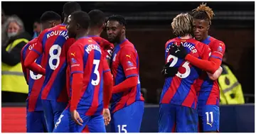 Crystal Palace's Wilfried Zaha celebrates after scoring their side's third goal of the game against Arsenal at Selhurst Park. Photo by John Walton.