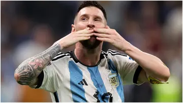Lionel Messi celebrates during the FIFA World Cup Qatar 2022 semi-final match between Argentina and Croatia at Lusail Stadium. Photo by Clive Brunskill.