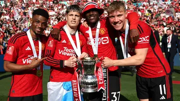 Kobbie Mainoo, Amad Diallo, FA Cup, Alejandro Garnacho, Rasmus Hojlund, Manchester United, Wembley, Manchester City, celebrate.