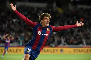 Barcelona forward Marc Guiu celebrates scoring his first ever goal for the club against Athletic Bilbao on Sunday in La Liga