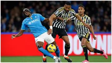 Napoli's Victor Osimhen and Juventus' Bremer of FC battle for the ball during the Serie A match at Stadio Diego Armando Maradona on March 3, in Naples, Italy. Photo: Matteo Ciambelli. 